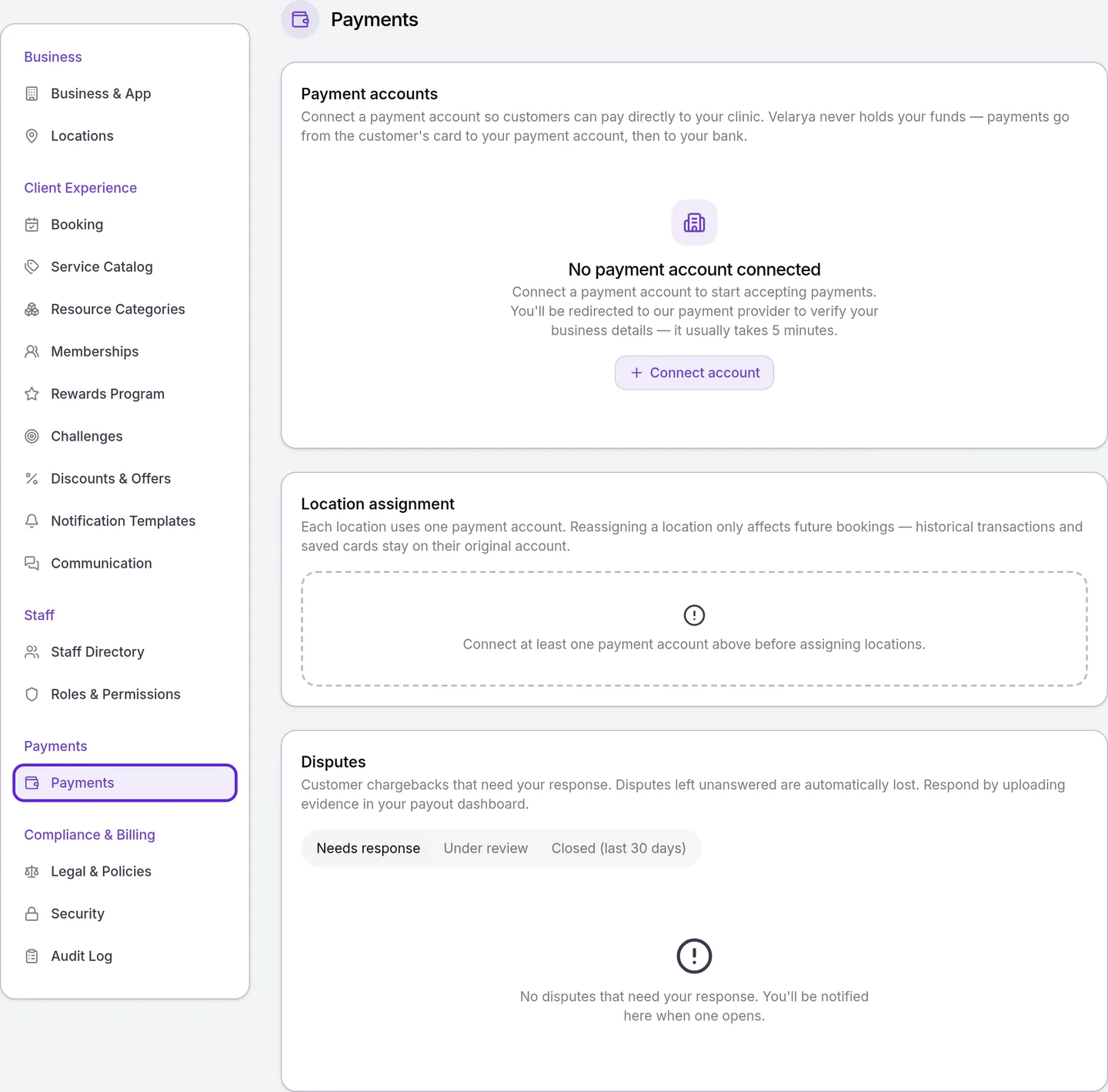 Organization Settings with Payments selected: Payment accounts, Location assignment and Disputes, before connecting