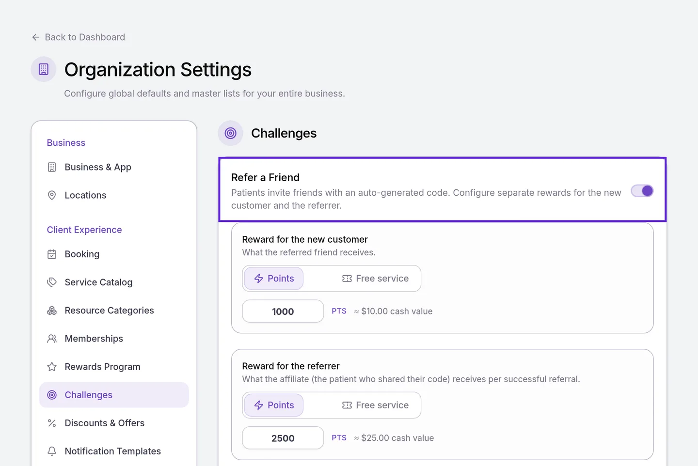 Organization Settings with Challenges selected and the Refer a Friend card header outlined