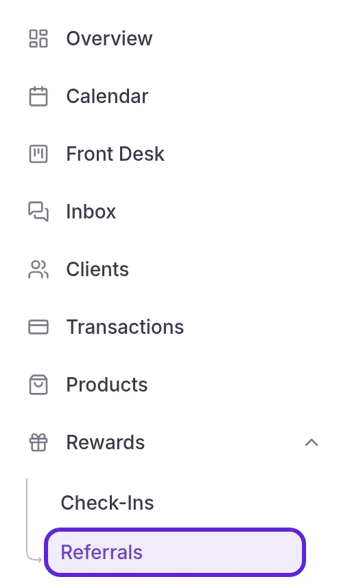 Dashboard sidebar with Rewards expanded and Referrals outlined below Check-Ins