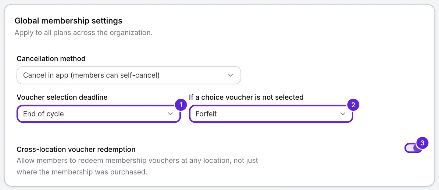 Global membership settings with the deadline, unpicked-choice and cross-location voucher settings outlined 1 to 3