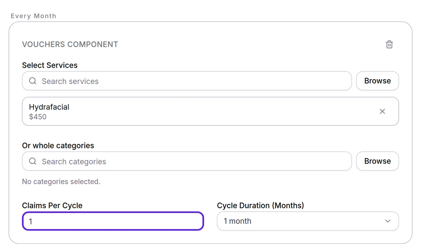 Plan builder Vouchers Component with Hydrafacial as its only treatment, and Claims Per Cycle outlined