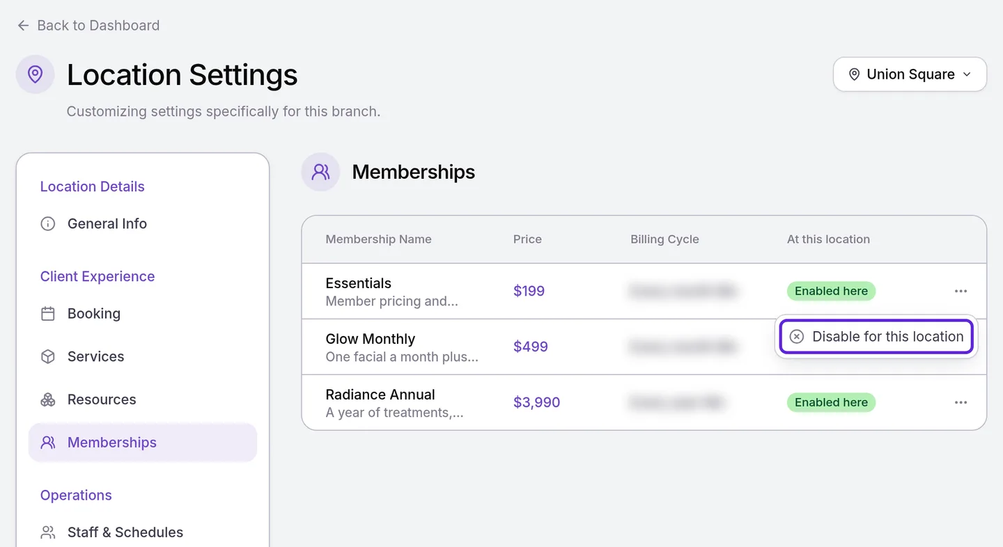 Location Settings Memberships for Union Square: Essentials Enabled here, with Disable for this location in its row menu