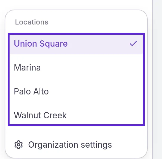 The location menu at the bottom of the left sidebar, with Union Square chosen under Locations