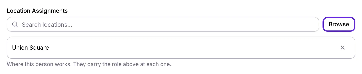 A staff member's Overview tab with Location Assignments set to Union Square and the Browse button outlined