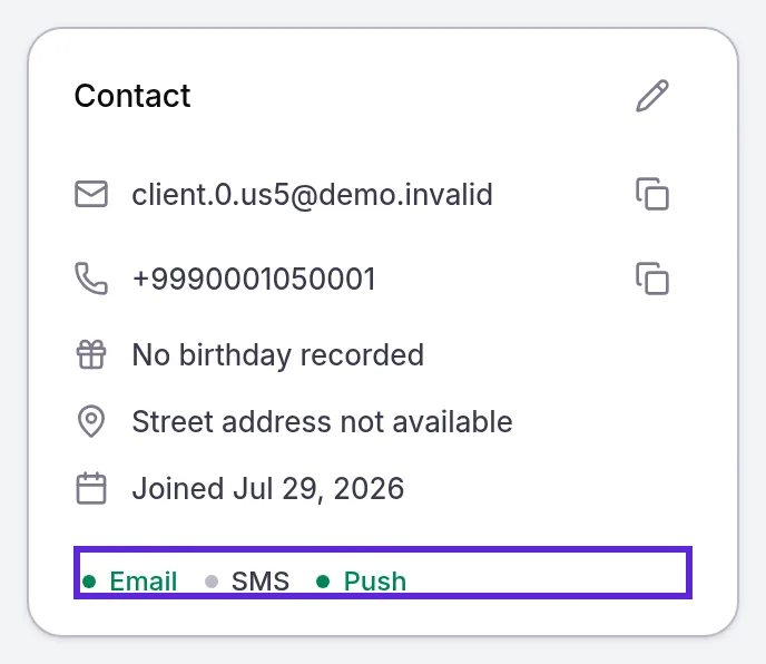 Patient profile Contact card with Email and Push on in green and SMS off in grey, as for a patient not yet asked about texts
