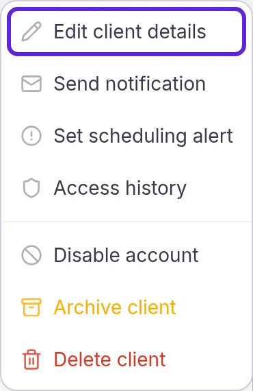 The More actions menu on a patient's profile with Edit client details outlined