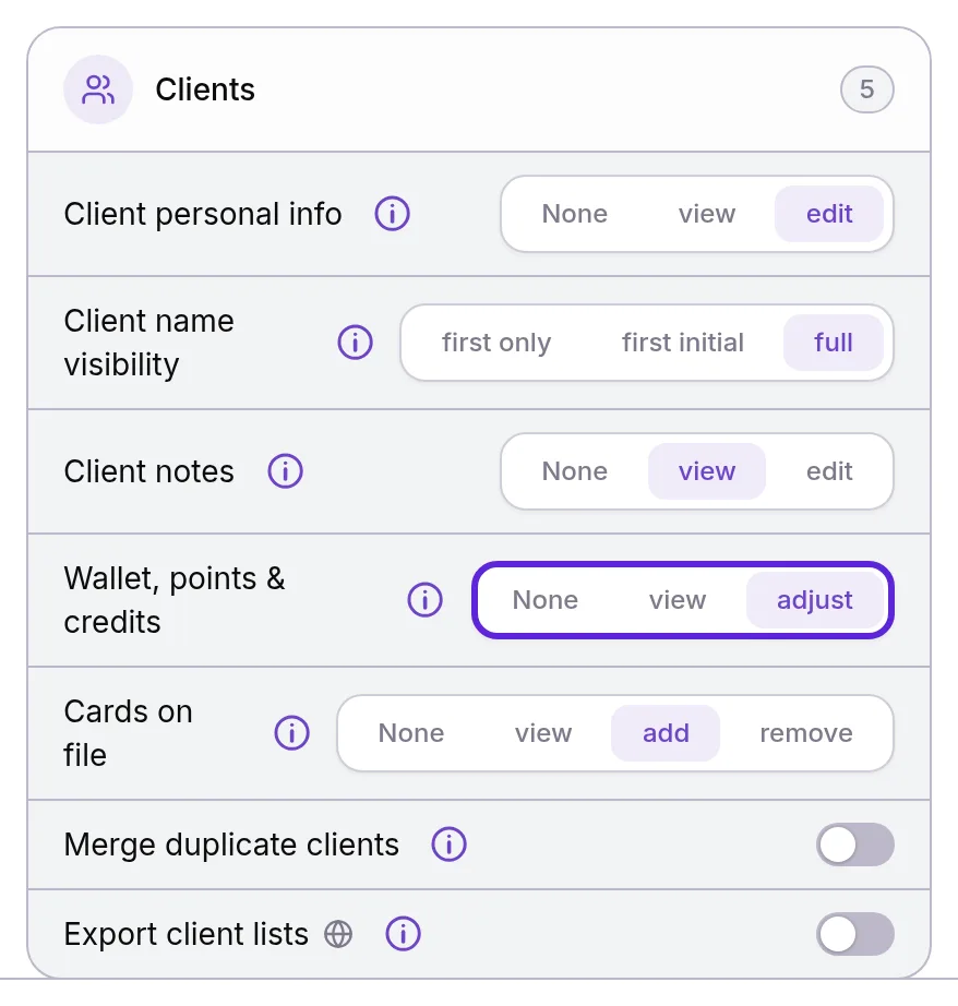 Permission grid, Clients section: Wallet, points & credits set to adjust, Client personal info at edit