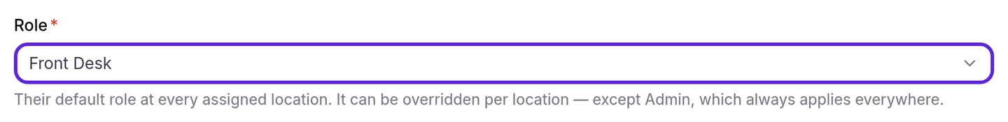 Staff Directory profile on the Overview tab, with the Role field outlined and set to Front Desk