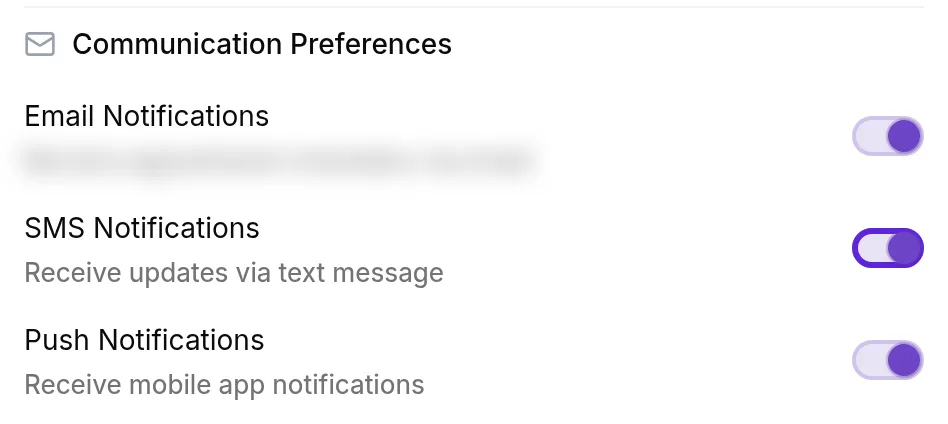 Edit Patient Profile, Communication Preferences, with SMS Notifications turned on after the patient agreed to texts