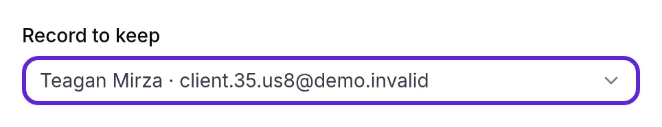 Merge Clients dialog, Record to keep set to the Teagan Mirza profile with an email