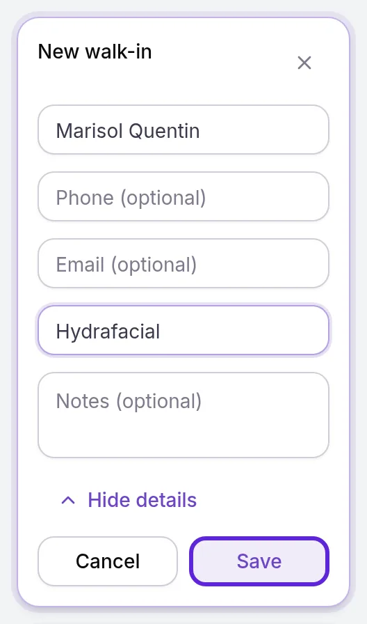 New walk-in card with a name, Hydrafacial as the service interest and the Save button