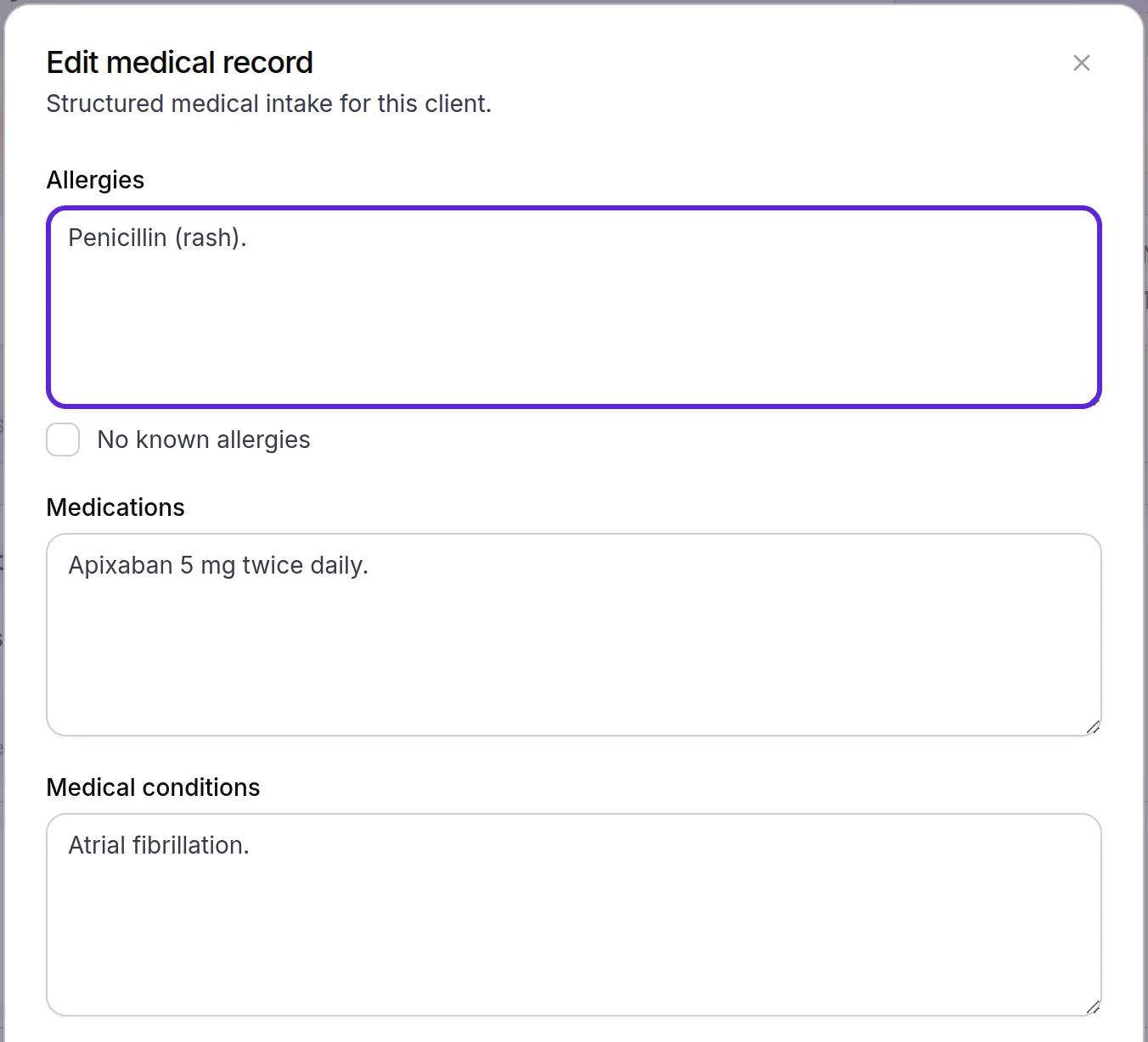 Edit medical record dialog with the patient's allergies, the No known allergies box, medications and medical conditions