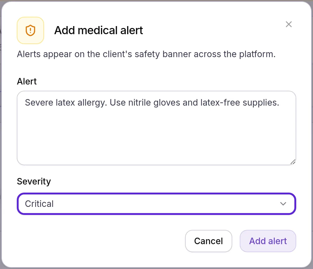 Add medical alert dialog with a latex allergy warning in Alert and Severity set to Critical