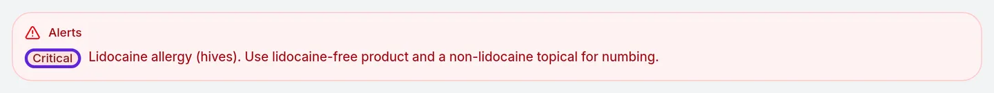 Alerts banner at the top of a patient's profile with a Critical lidocaine allergy warning