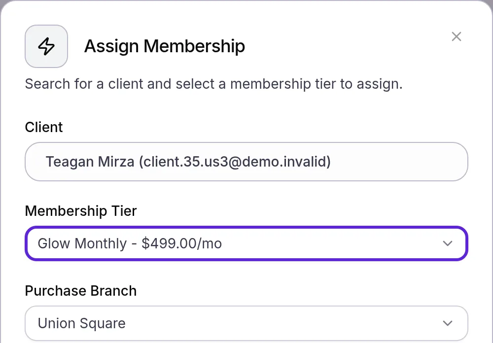 Assign Membership with Glow Monthly chosen as the Membership Tier and Union Square as the Purchase Branch