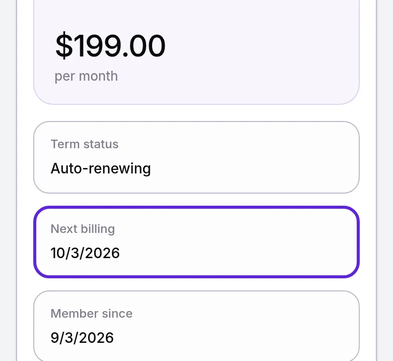 Club Membership card for an active member at $199.00 per month, Auto-renewing, with Next billing outlined