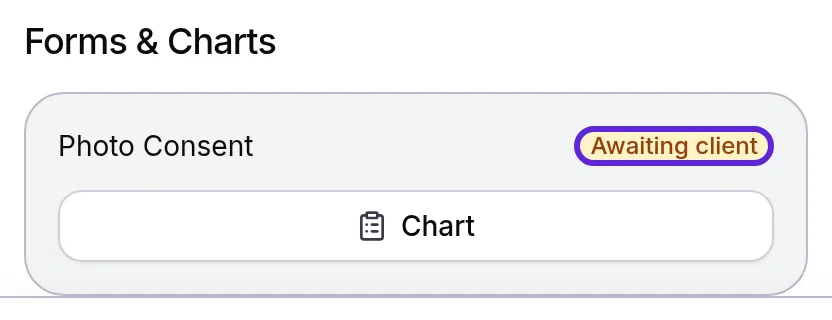 Forms & Charts block in an appointment panel listing Photo Consent as Awaiting client, with the Chart button below