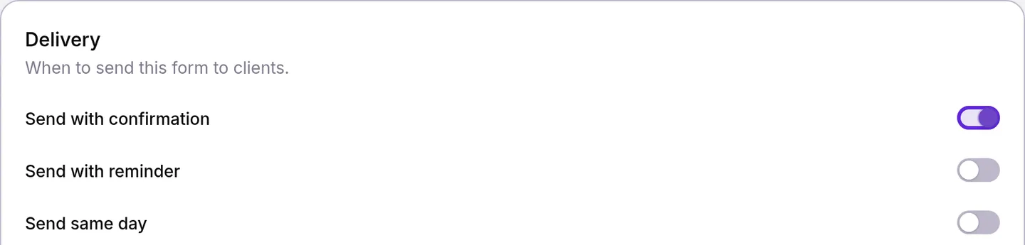 Delivery card on a form template's Settings tab with Send with confirmation turned on and outlined
