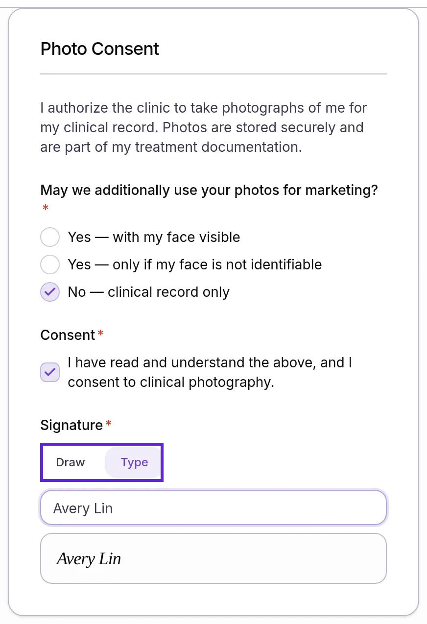 Photo Consent form previewed at phone width, answered and signed by typing a name, with Draw and Type outlined