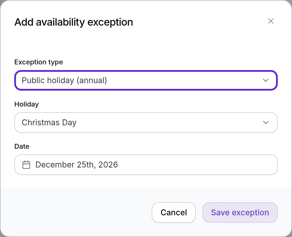 Add availability exception with Public holiday (annual) outlined, Christmas Day chosen and its date filled in