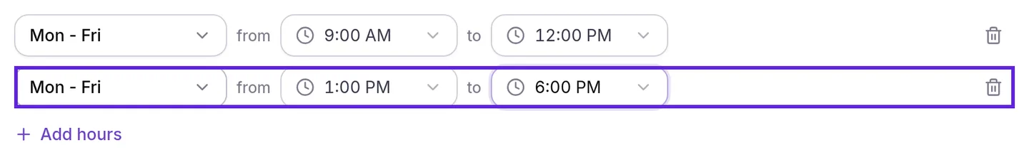 Provider profile Schedule tab with two Mon - Fri rows, 9:00 AM to 12:00 PM and 1:00 PM to 6:00 PM, the second outlined