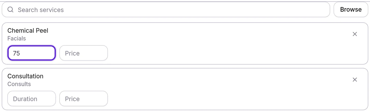 Provider profile Services tab with 75 minutes typed in Duration for Chemical Peel, above Consultation with empty boxes