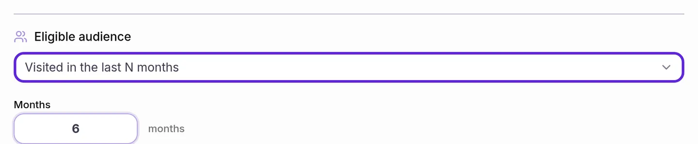 Rewards Program settings with Eligible audience set to Visited in the last N months, 6 months