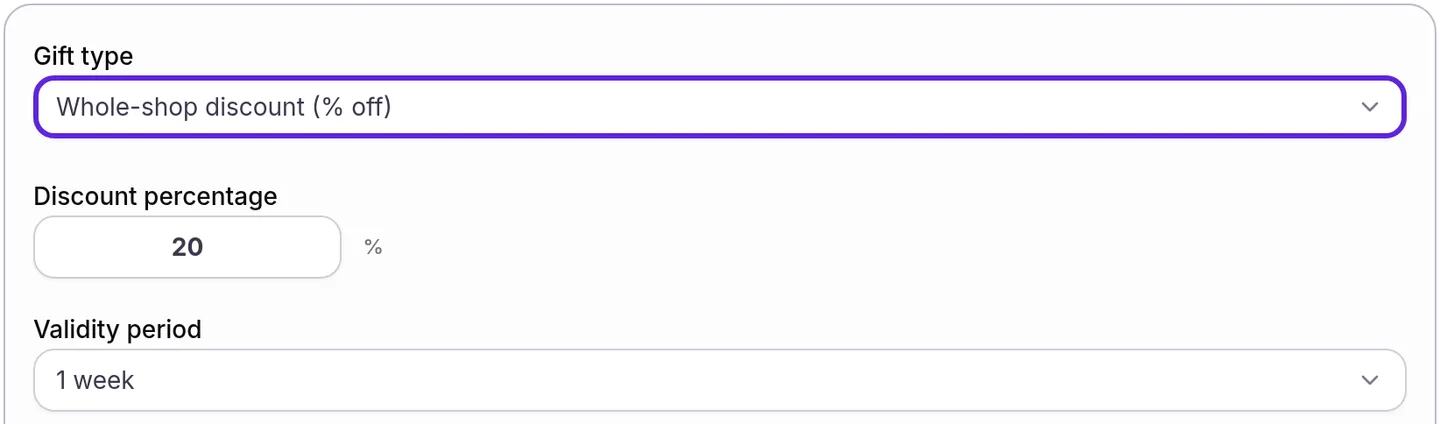 Rewards Program settings for the Birthday Gift: Whole-shop discount (% off), 20%, valid for 1 week