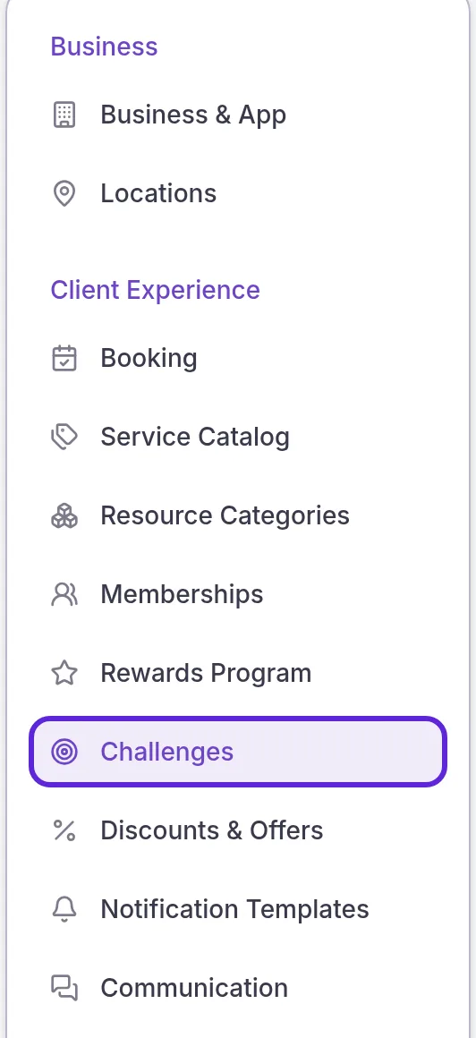 Organization Settings menu with Challenges selected under Client Experience