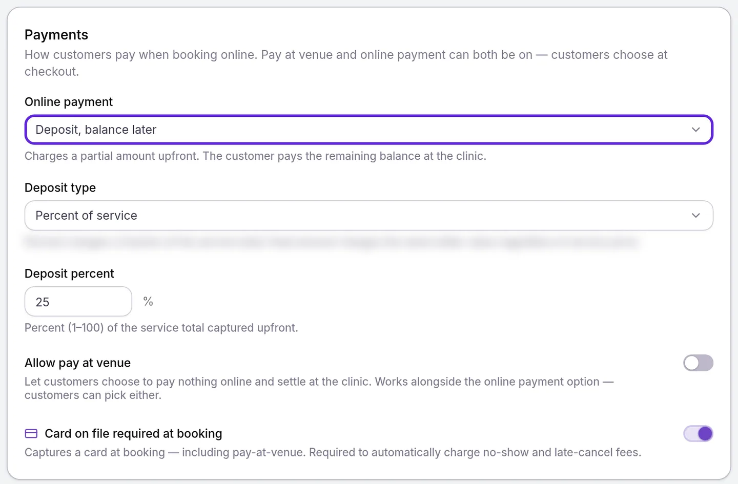 Booking Payments card with Online payment on Deposit, balance later, a 25% deposit and Card on file required at booking on