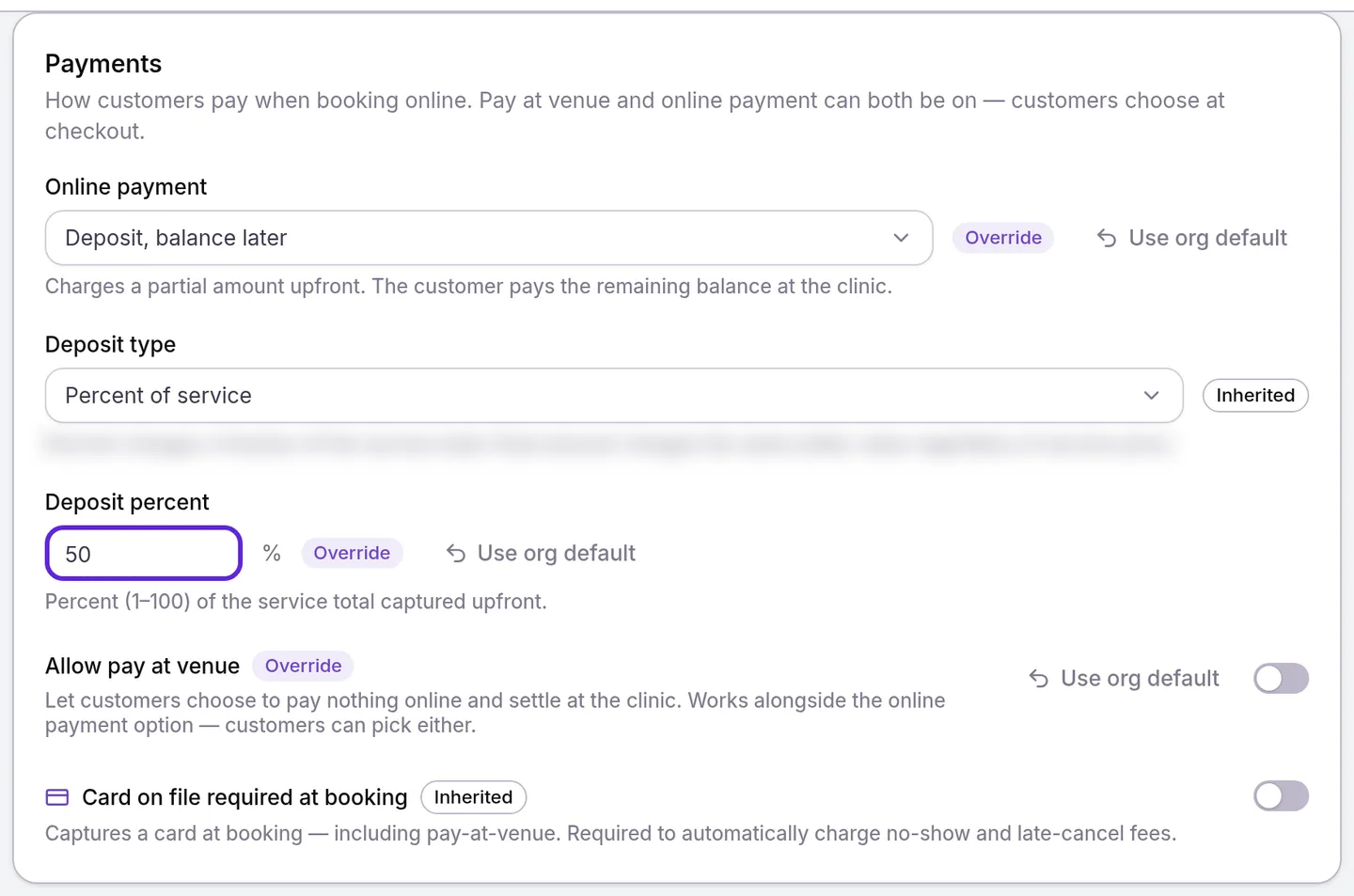 Service booking policy for Morpheus8: Deposit, balance later overridden, a 50% deposit and Allow pay at venue off