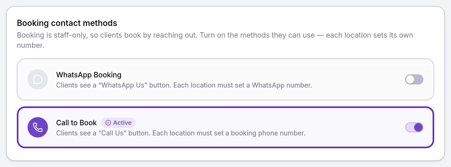 Booking contact methods card, shown when booking is staff-only, with Call to Book turned on and outlined