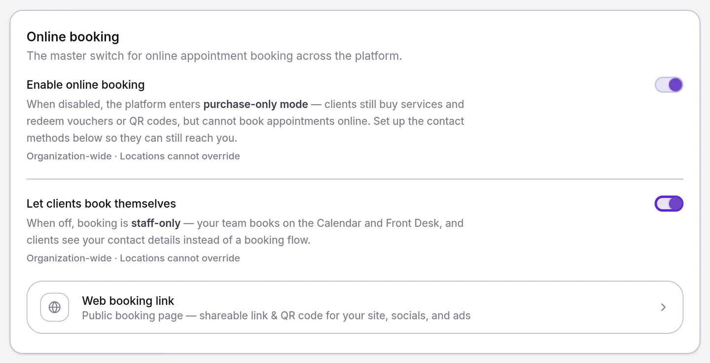 Online booking card with Enable online booking on and Let clients book themselves outlined, above the Web booking link row