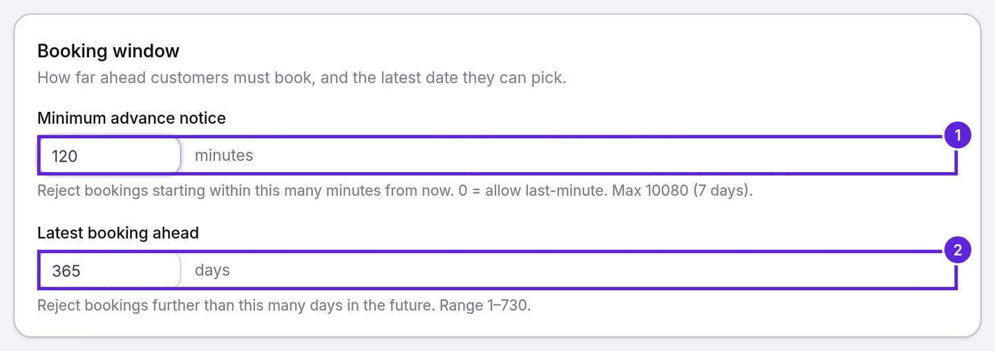 Booking window card with Minimum advance notice set to 120 minutes and Latest booking ahead at 365 days