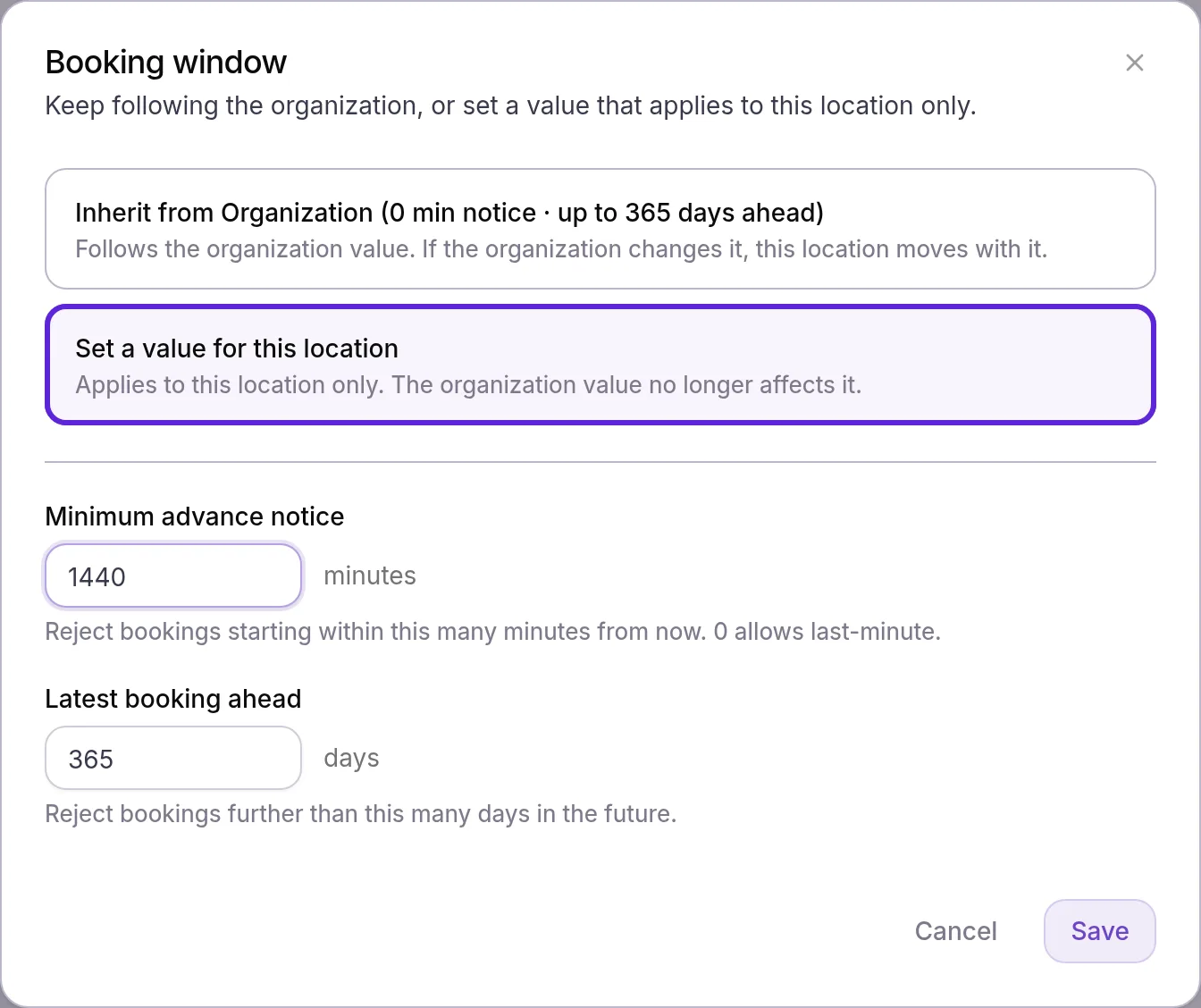 Booking window dialog for one location with Set a value for this location chosen and its two fields shown