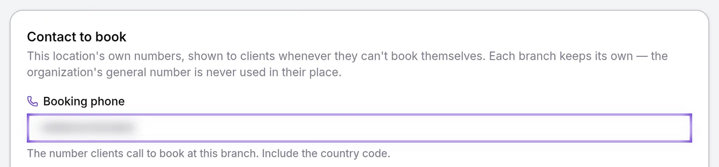 Contact to book card for one location, with the Booking phone field outlined and its country code hint