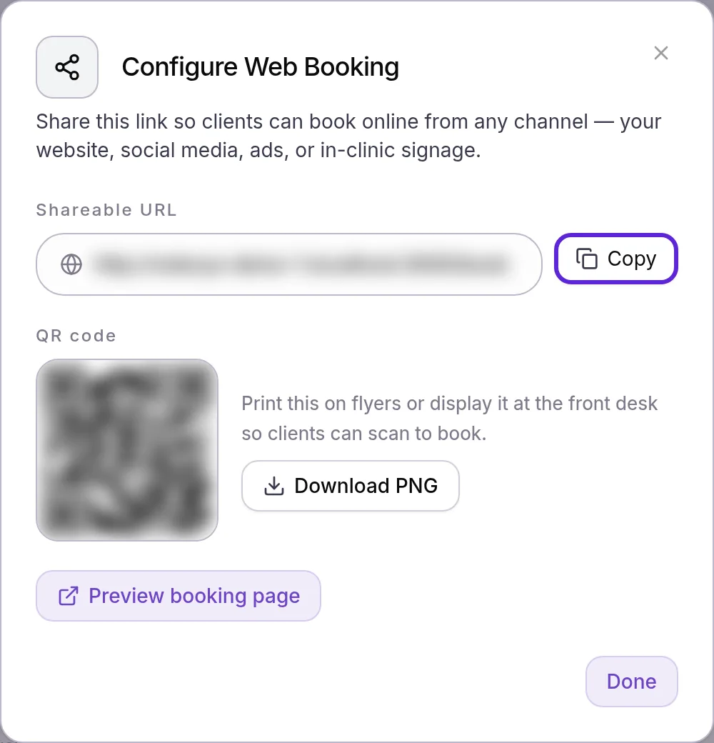 Configure Web Booking with the Shareable URL, its Copy button outlined, the QR code and Preview booking page