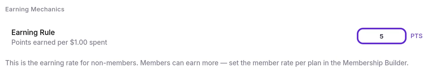 Earning Mechanics with the Earning Rule set to 5 points per $1.00 spent
