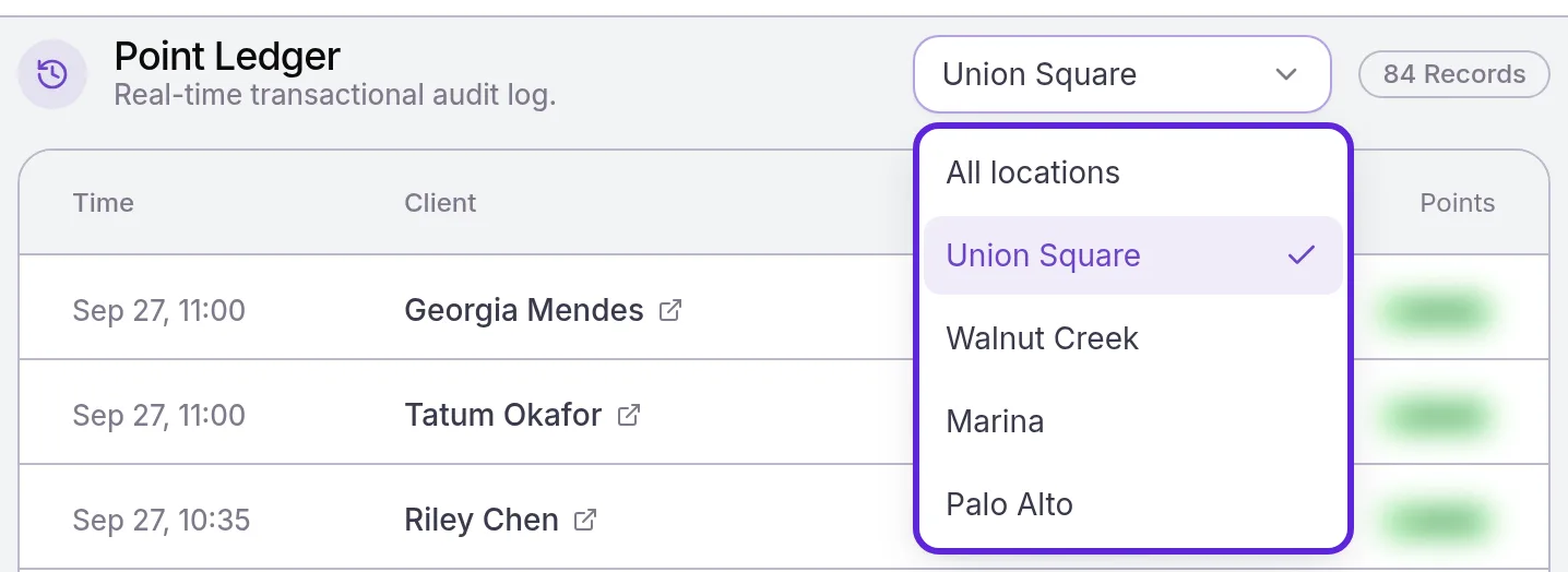 Point Ledger with its location menu open: All locations, Union Square (chosen), Walnut Creek, Marina and Palo Alto