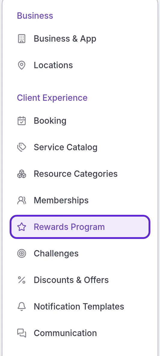 Organization Settings menu with Rewards Program selected under Client Experience