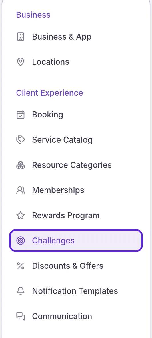 Organization Settings menu with Challenges selected under Client Experience