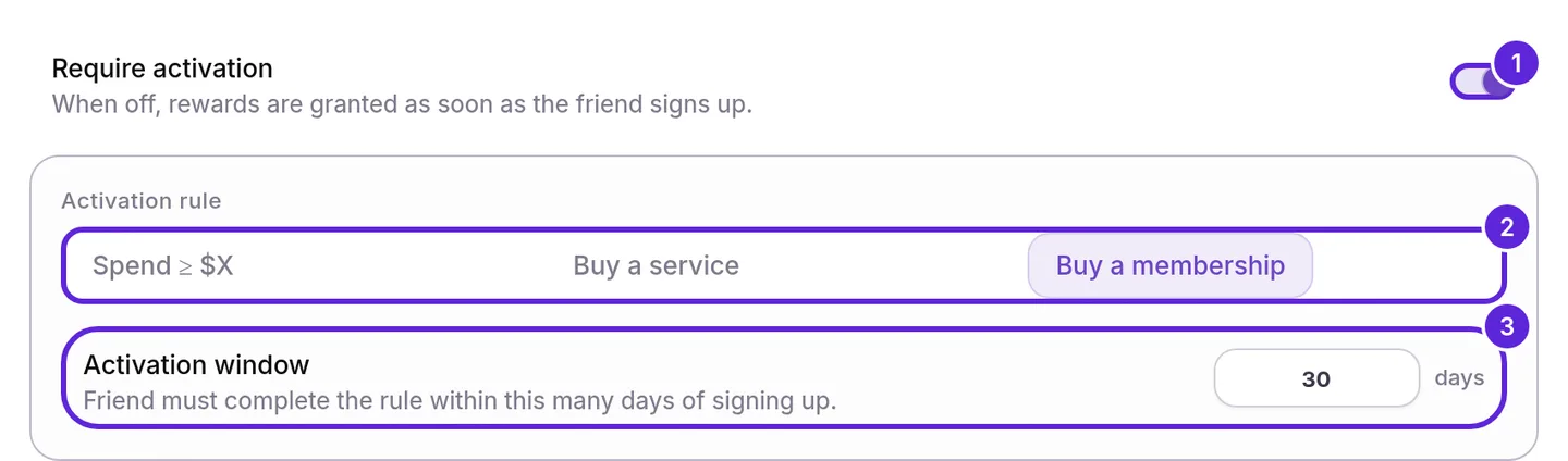 Refer a Friend card with Require activation on, Buy a membership chosen and a 30-day Activation window
