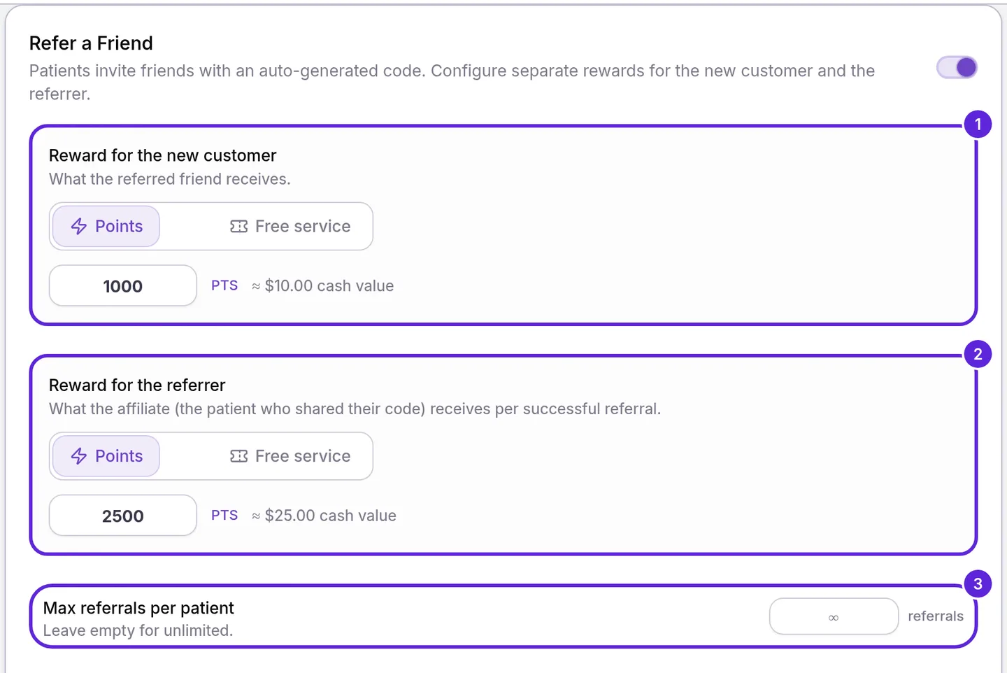 Refer a Friend card with 1,000 points for the friend, 2,500 for the referring patient and no referral limit