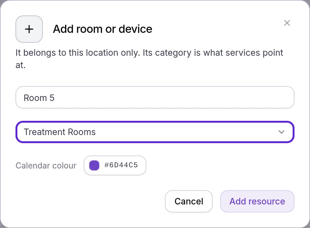 Add room or device with Room 5 typed and Treatment Rooms chosen as the category, the category outlined