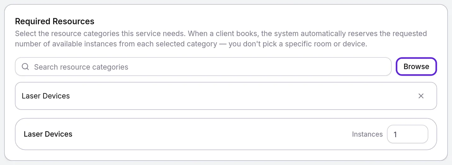 Required Resources on a laser service with Laser Devices selected and the Browse button outlined