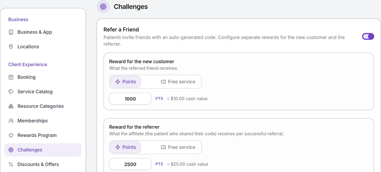 Challenges page with the Refer a Friend switch outlined, above Reward for the new customer and Reward for the referrer