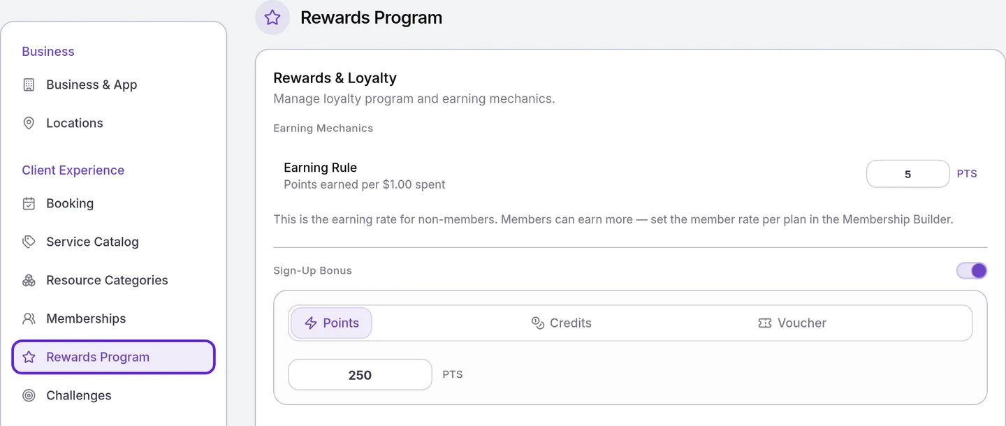 Organization Settings with Rewards Program selected, showing the Earning Rule and the Sign-Up Bonus