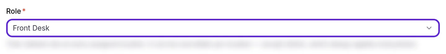 Staff Directory profile on the Overview tab, with the Role field outlined and set to Front Desk