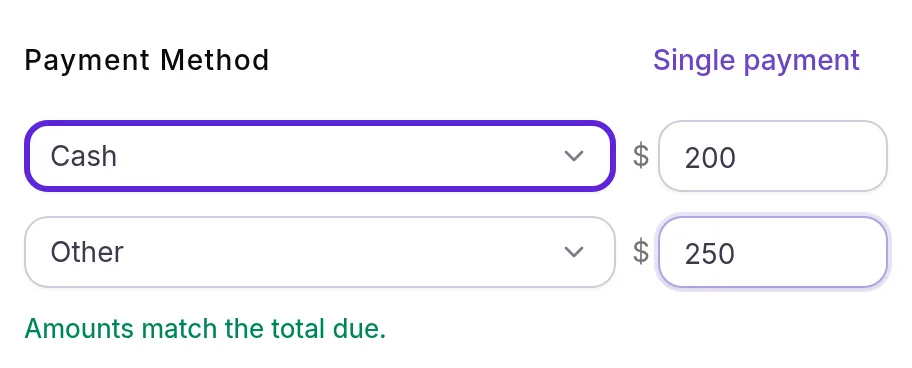 Checkout Split payment with $200 in Cash and $250 in Other, the first method outlined, and Amounts match the total due.