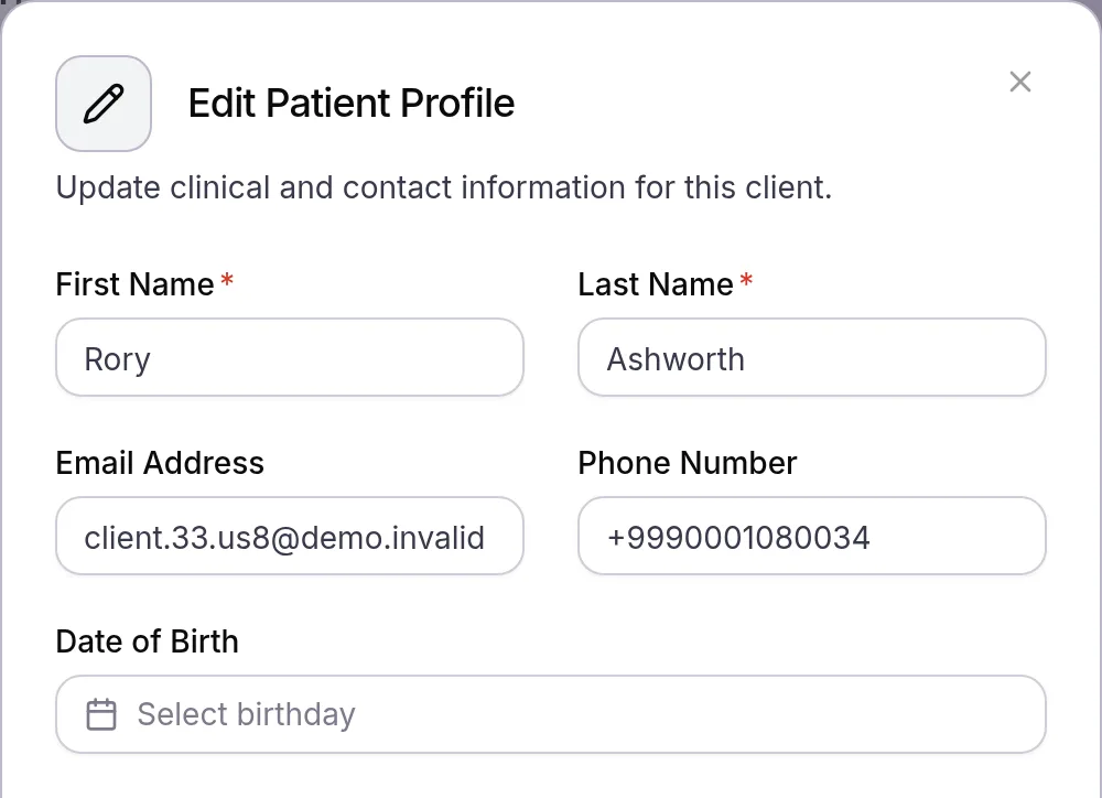 Edit Patient Profile dialog with First Name, Last Name, Email Address, Phone Number and Date of Birth